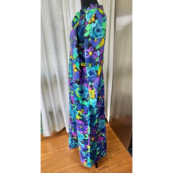Vintage 70s dress, blue, teal, purple, yellow floral print, funky maxi, ruffled - Picture 5 of 10